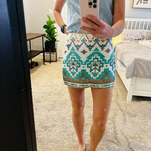 miami Beaded Aztec Mini Skirt in Teal, White & Gold